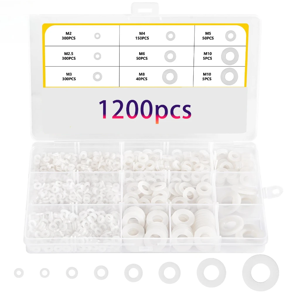 

720/1200pcs M2-M12 White Plastic Nylon Washer Flat Spacer Washer Seals Gasket O Ring Assortment Kit Insulating Gasket