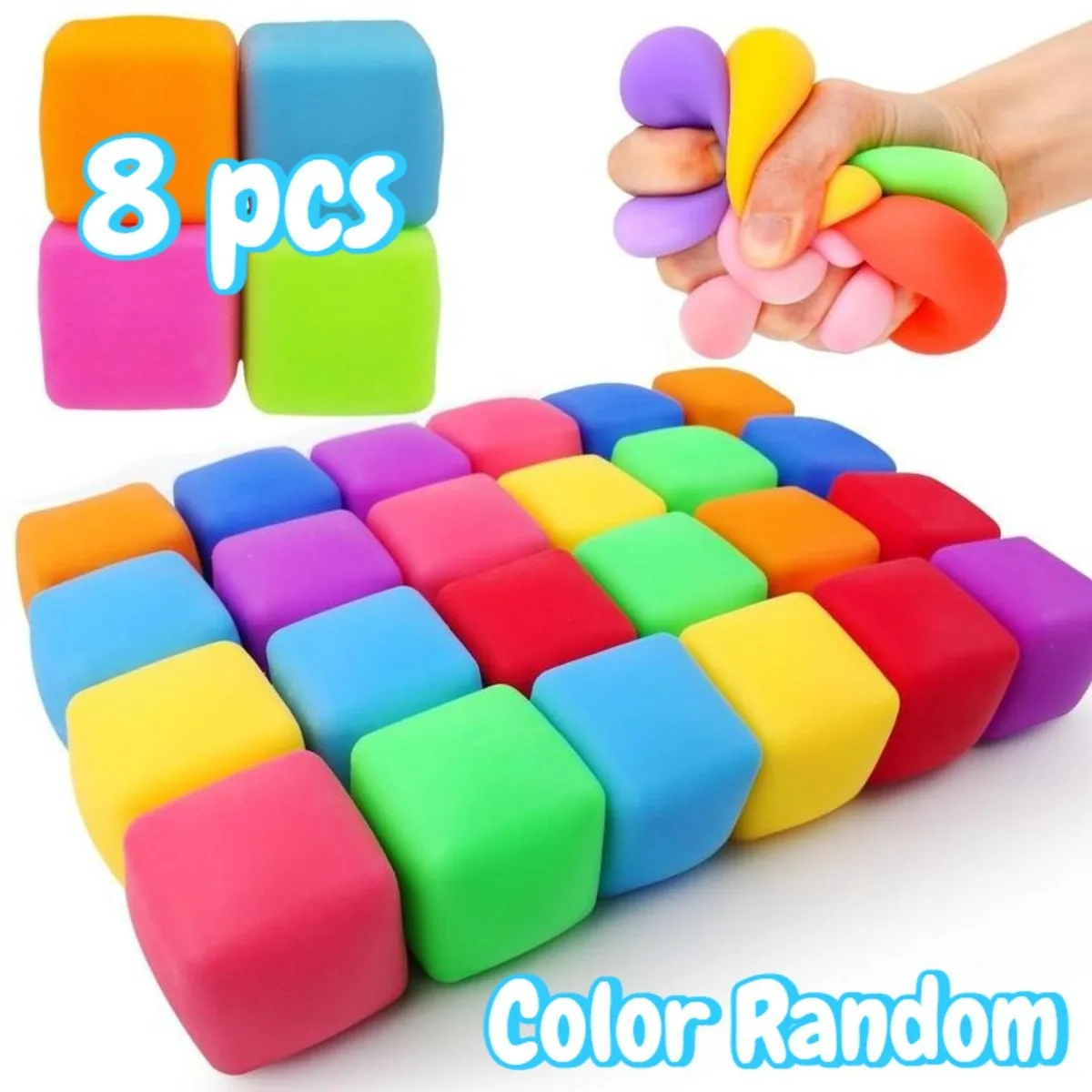 

Набор из 8 случайных цветных кубиков-антистресс, эластичные кубики для снятия тревоги, тихие игрушки-фиджеты для класса