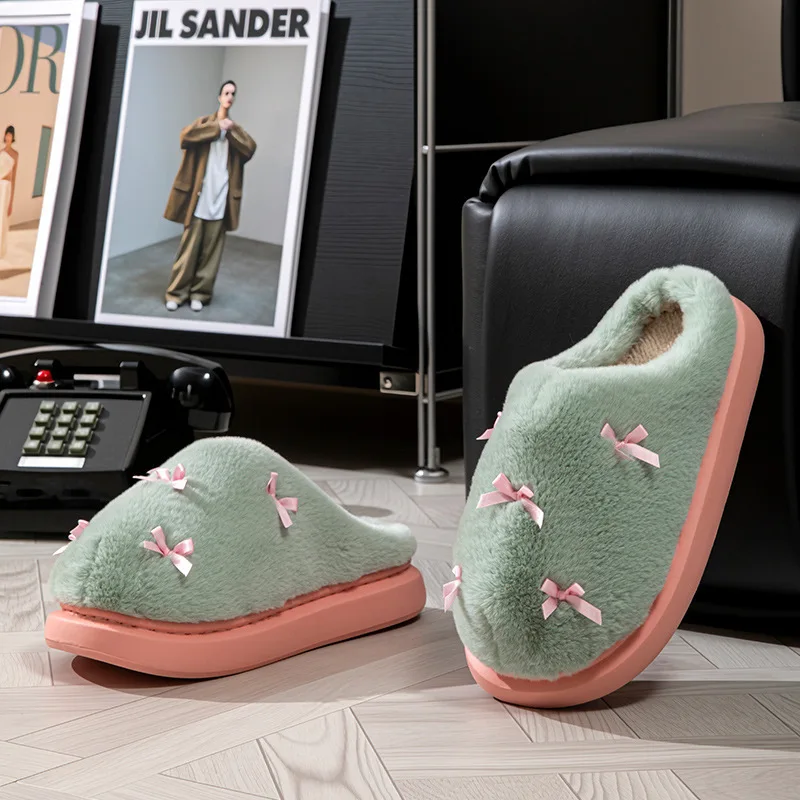 Cotton Slippers for Women 2026 Hot Sale Windproof Soft Plush Couple Slippers Fluffy Slides Bow Winter Warmer Women's Slippers