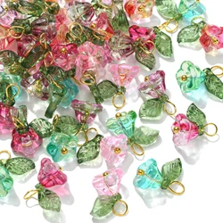 Pandahall 50Pcs 5 Colors Trumpet Charms Colorful Glass Flower Charms with Green Leaf Trumpet Flower Charms for Jewelry Making