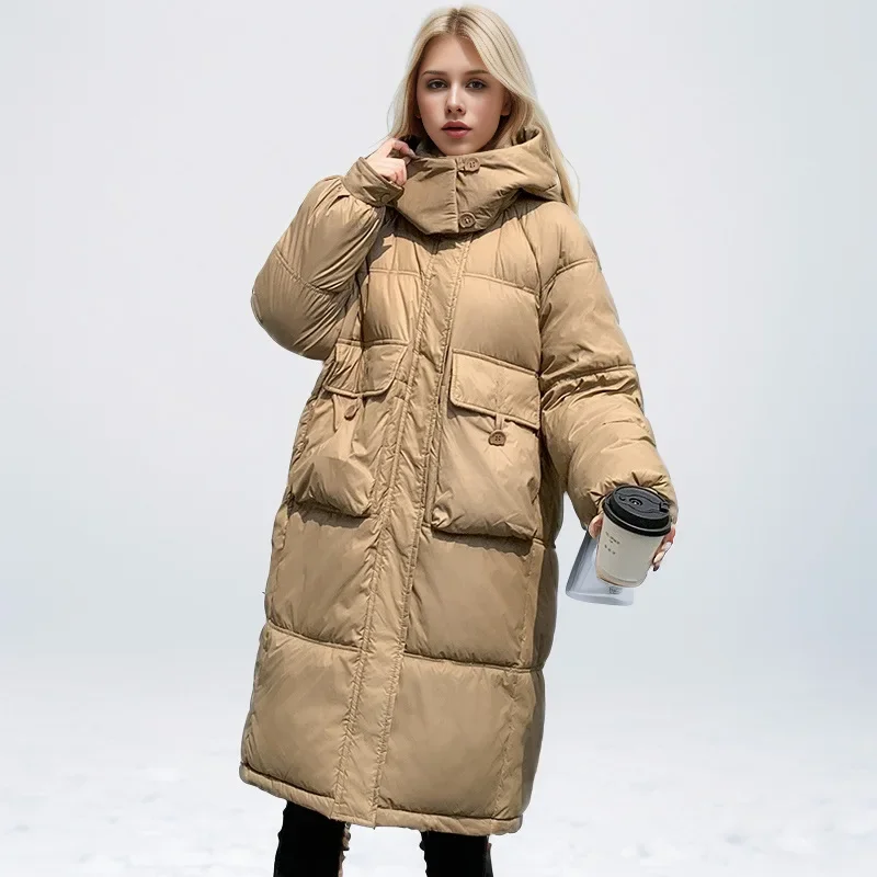 Parka longue à capuche pour femme avec poches optiques, doudoune femme, pardessus de neige coupe-vent, manteau en coton chaud, hiver, nouveau, 2024