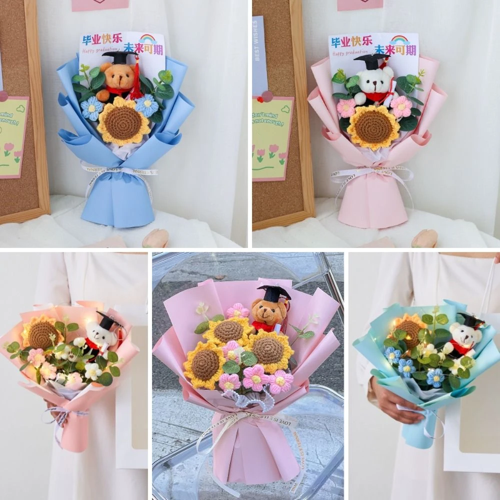 

New Dr. Bear Graduation Bouquet with Light String Sunflower Bouquet Decoration Cartoon Hand Knitted Graduation Gift Party Decor