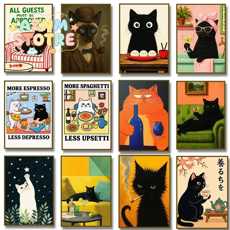 (No frame)More Spaghetti, Less Upsetti Black Cat with Cocktail Smoking Poster Canvas Painting Print Wall Art for Living Room