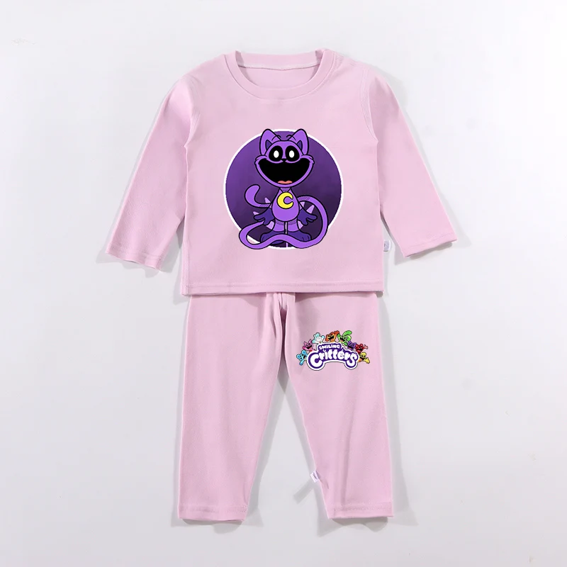 Smiling Crittersed Children's Long Sleeve Pajamas Suit Thicken Warm Anime Cartoon Kid Sleepwear Tops Pants Nightwear Set Clothes