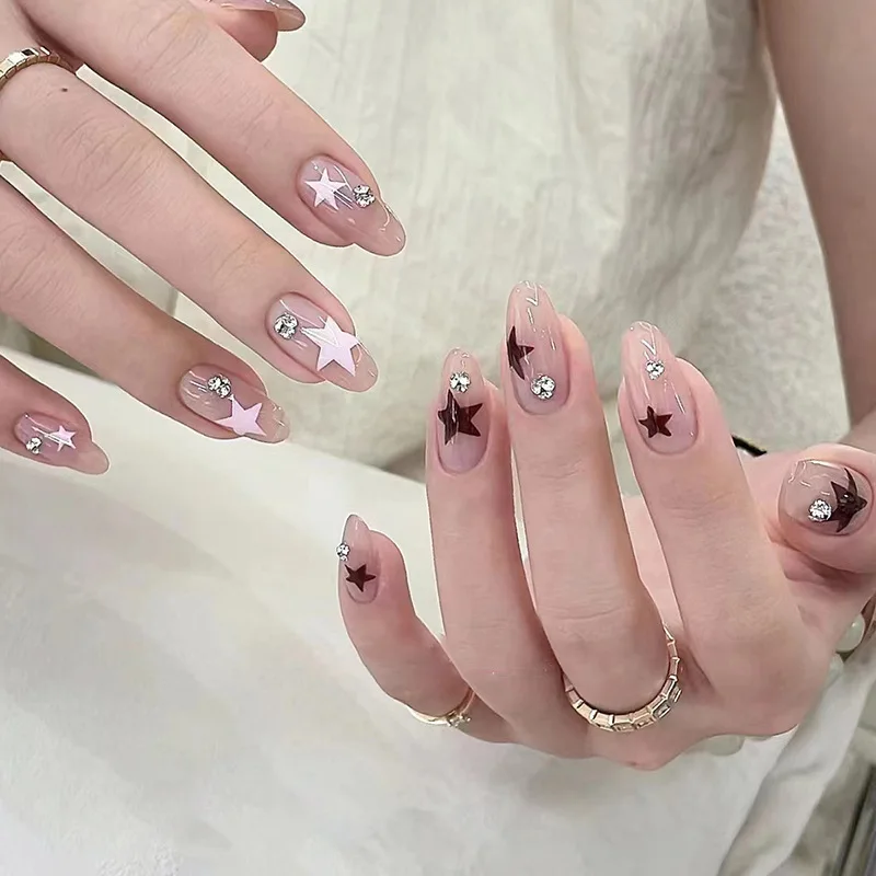 24pcs Oval Black Pink Star Fashion Rhinestone Nails Press on Full Set for Girls Medium Sweet Acrylic Decorated Fake Nails Cheap