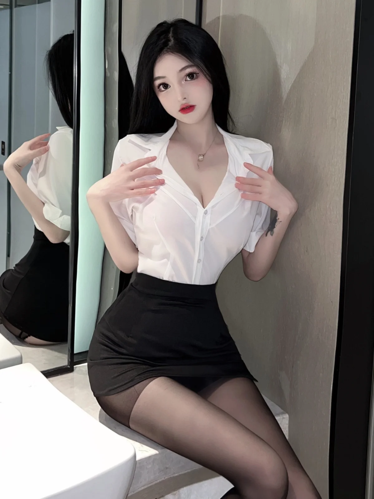 Gege's Online Celebri Anchor Role Plang Sexy Hot Secretary Uniform Short sleeve Shirt Sheath Short dress Set