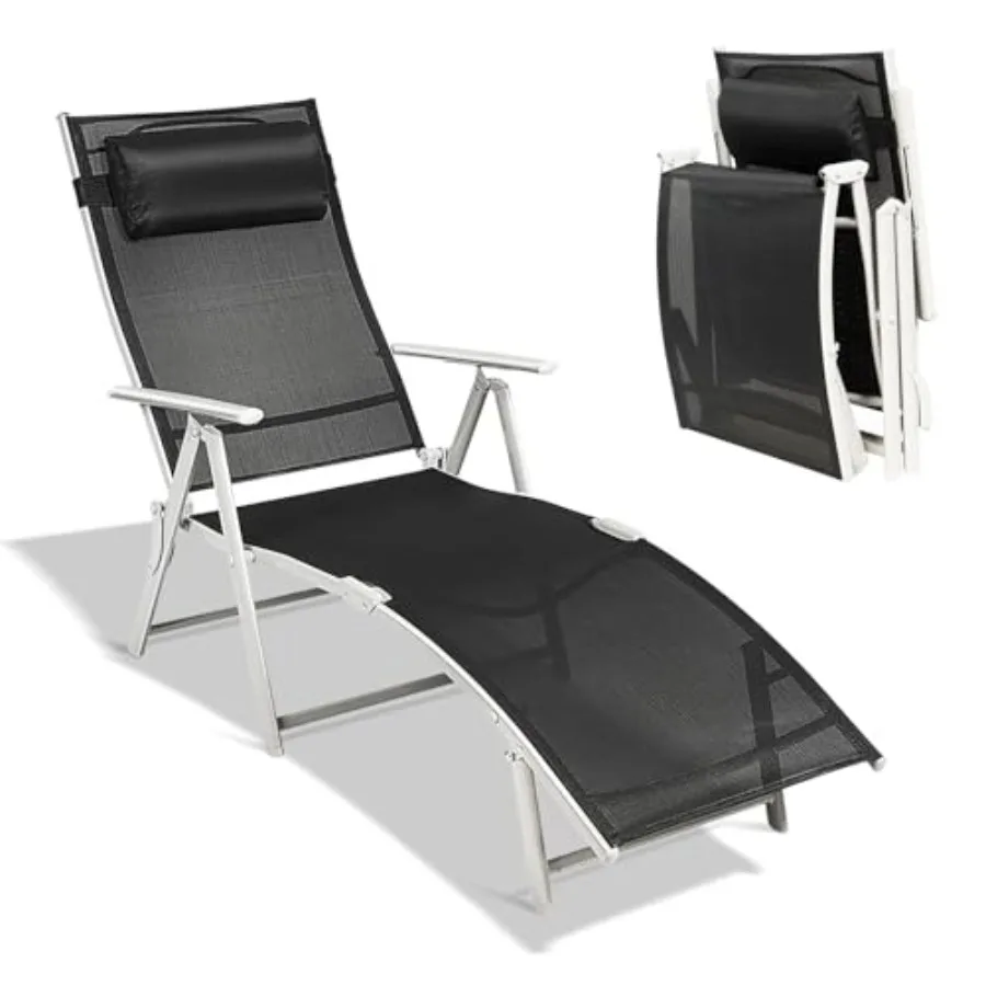 

Outdoor Folding Reclining Lounge Chair with 7 Backrest Positions Portable Patio Lounger w/ Removable Cushion and Headrest Pillo