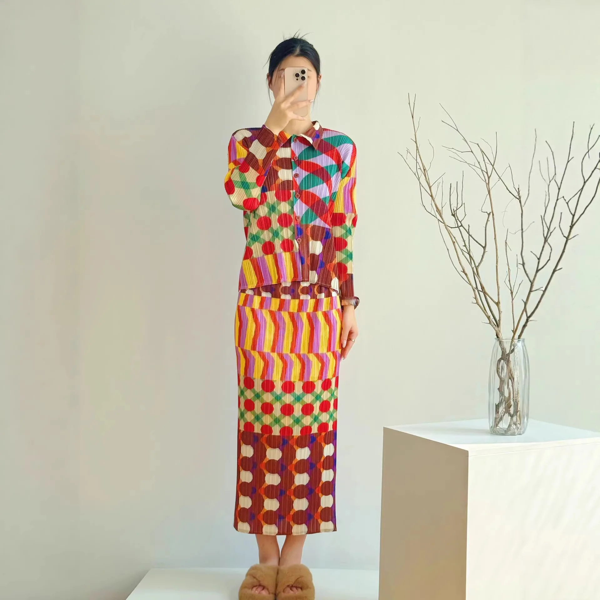 

GGHK Pleated 2026 Spring/Summer New Arrival Women Suit Checkered Print Shirt with Vintage Charm Fashionable Loose-Fit Skirt