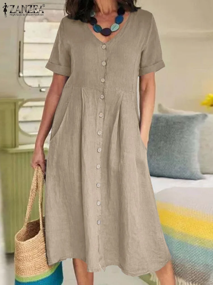 ZANZEA lato modna damska sukienka jednolita, krótka rękaw, dekolt v bawełniane guziki Vestido elegancki Casual ponadgabarytowych Midi Shirtdress 2023