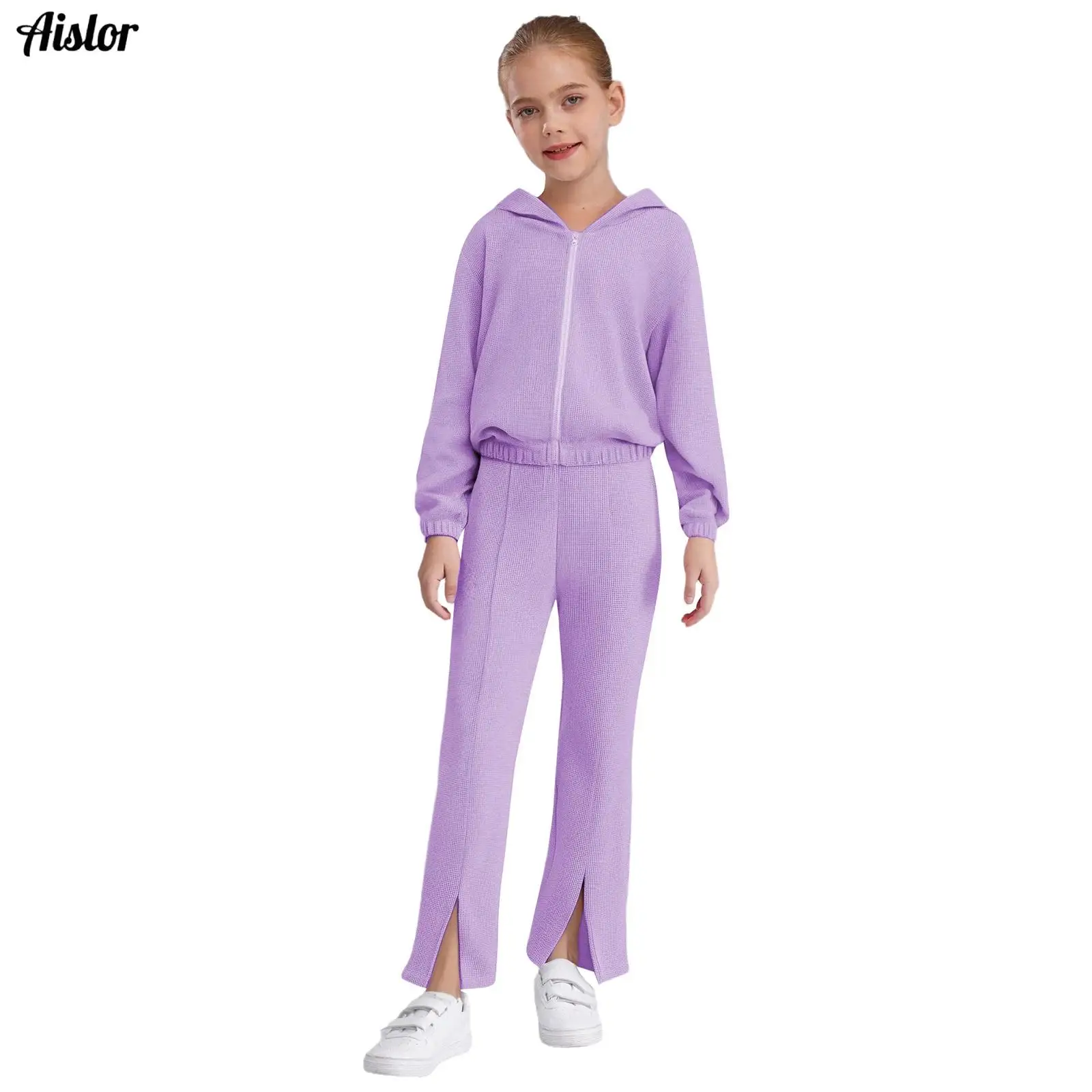 

Kids Girls 3-Piece Hoodie Set Casual Clothes Long Sleeve Waffle Crop Top Pullover Sweatshirt with Vest and Straight-Leg Pants