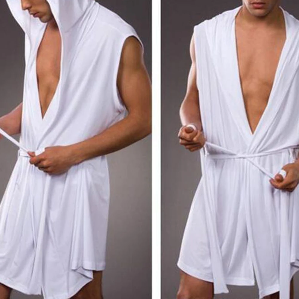 Men Robes Breathable Bathrobes Nightgown Icy Silky Hooded Sleeveless Pajamas Fashion Homewear Sexy Sleepwear Casual Clothes