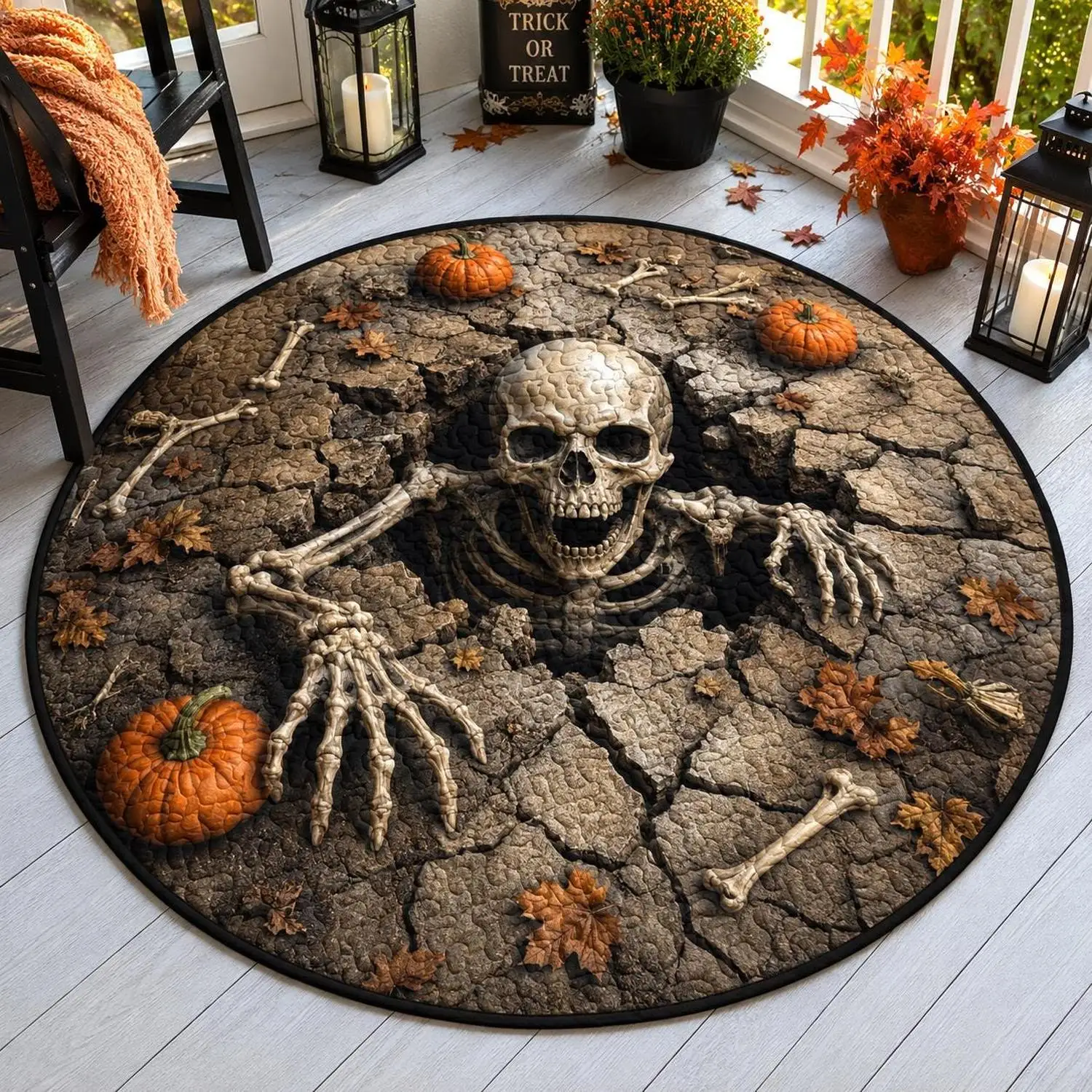【Room Decoration Carpet】Halloween Quilted Carpet, Skull Round Carpet, Spooky Graveyard Floor Decoration, Horror Halloween Carpet, Haunted House Decoration, Horror Gift