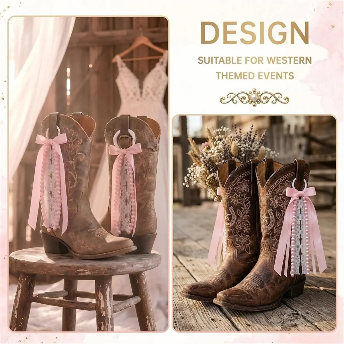 Pink Ribbon Bow Boot Bows,Pink White Boot Bows Glitter Pearl Lace Holiday Birthday School Accessory