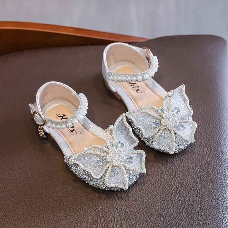 2024 New Korean Style Baby Girl Bow Princess Shoes Sandals For Girls Sequin Pearl Dance Performance Shoes