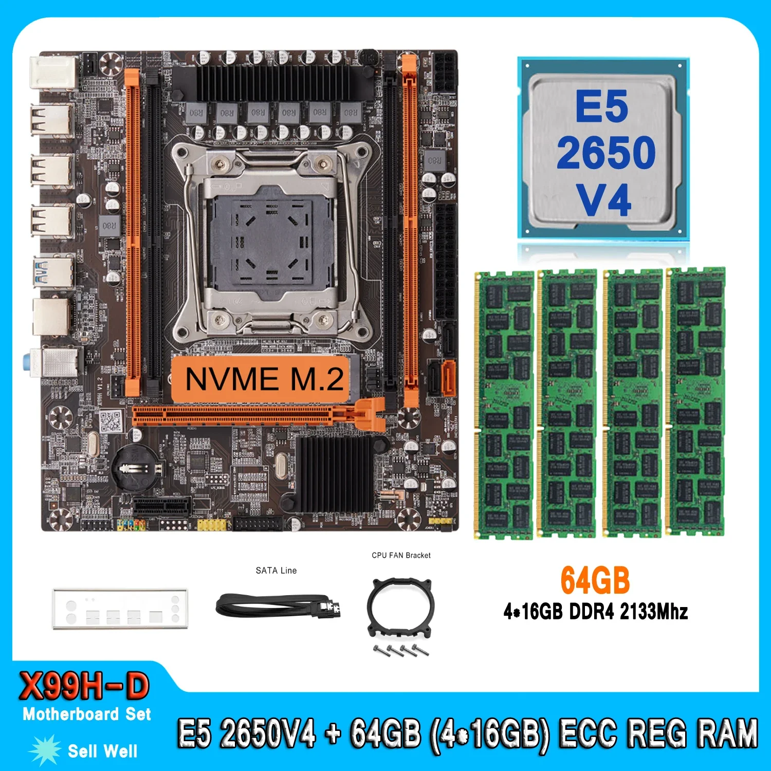 X99 Motherboard with Combo Kit XEON E5 2650 V4 64GB (4*16GB) 2133MHz DDR4 REG ECC Memory NVME M.2 USB 3.0 E5 2650V4 Motherboard