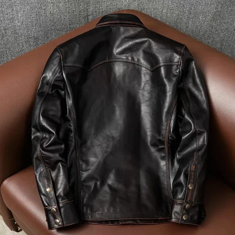 Tea Core First-Layer Horsehide Hand-Rubbed Retro Natural Leather Jacket Men's Lapel Slim Short Motorcycle