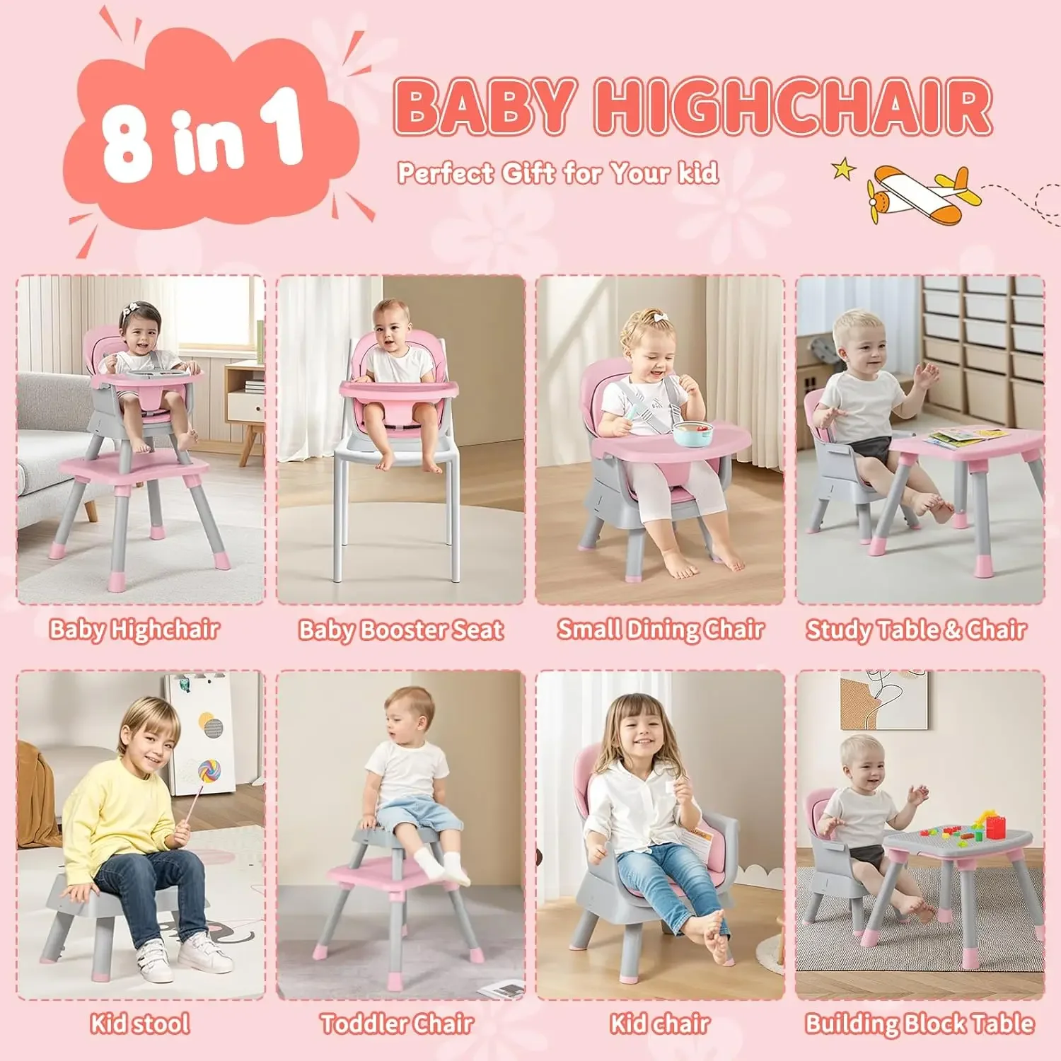 King 8 in 1 Baby High Chair, Coverts to Dining Booster Seat/Kids Table & Chair Set/Toddler Building Block Table/Kids Stoo