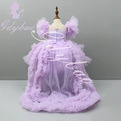 Elegant Flower Girl Dress For Wedding Pearls Tulle Puffy Beading WIth Bow Princess Kids Birthday Party First Communion Ball Gown