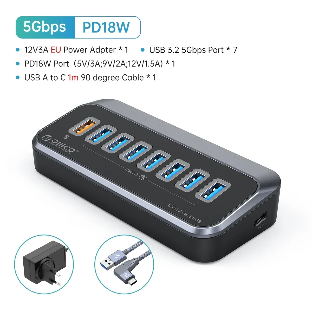 ORICO ABS Aangedreven 5Gbps HUB PD18W Oplaadbare USB 3.2 Type C Hub Kaartlezer Splitter Met Stroomadapter voor Desktop PC Accessoires