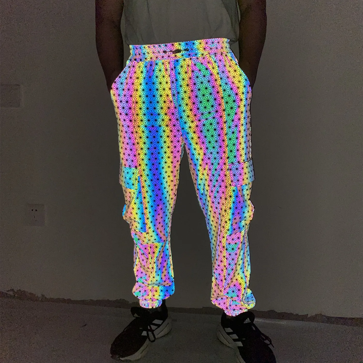 

Reflective Rainbow Cargo Pants Men Nightclub DJ Hip Hop Stage Performance Trousers 2024 Rave Costume Night Jogger Running Suit