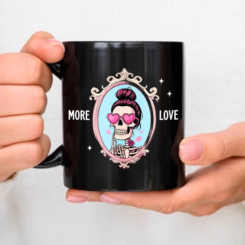 Black ceramic mug with skull and heart-shaped glasses design with 