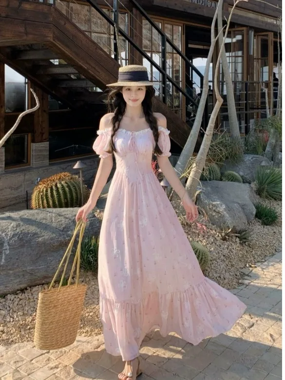 

plus Size Lace Trimmed Floral Embroidery Short Sleeve Long Dress Women's Summer New Style Waist Cinched Elegant Dress