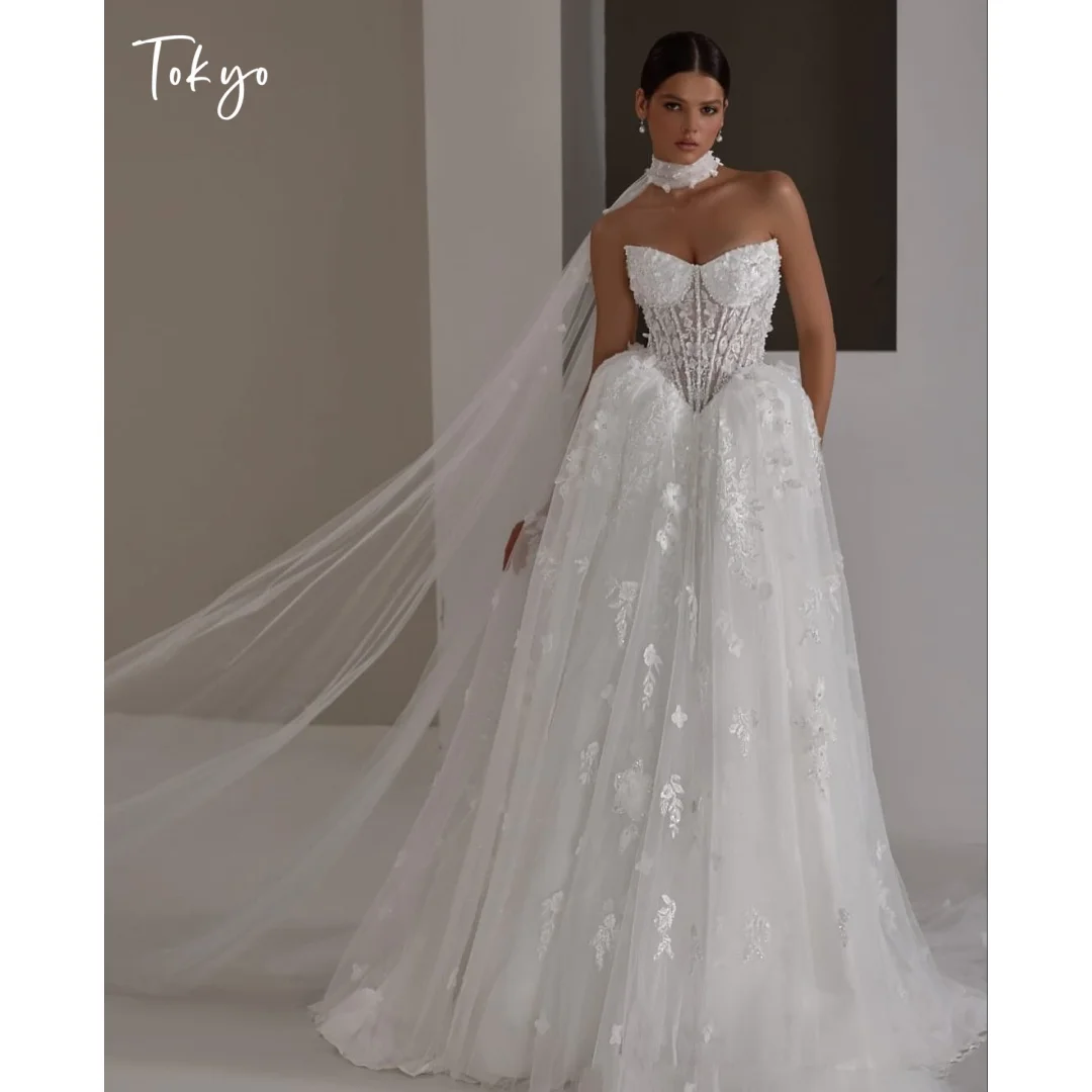 Tokyo Strapless Beaded Pearls Ball Gown Wedding Dress Floral Applique with Neck Scarf Bridal Gown Formal Church Ceremony Dress