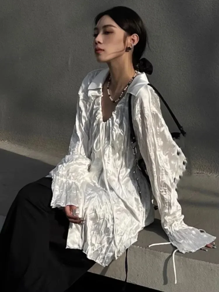 

Y2k Aesthetic Vintage Women Blouse Harajuku Single Breasted ​drawstring Grunge Tops 2025 Streetwear Pleated Casual Loose Blusas