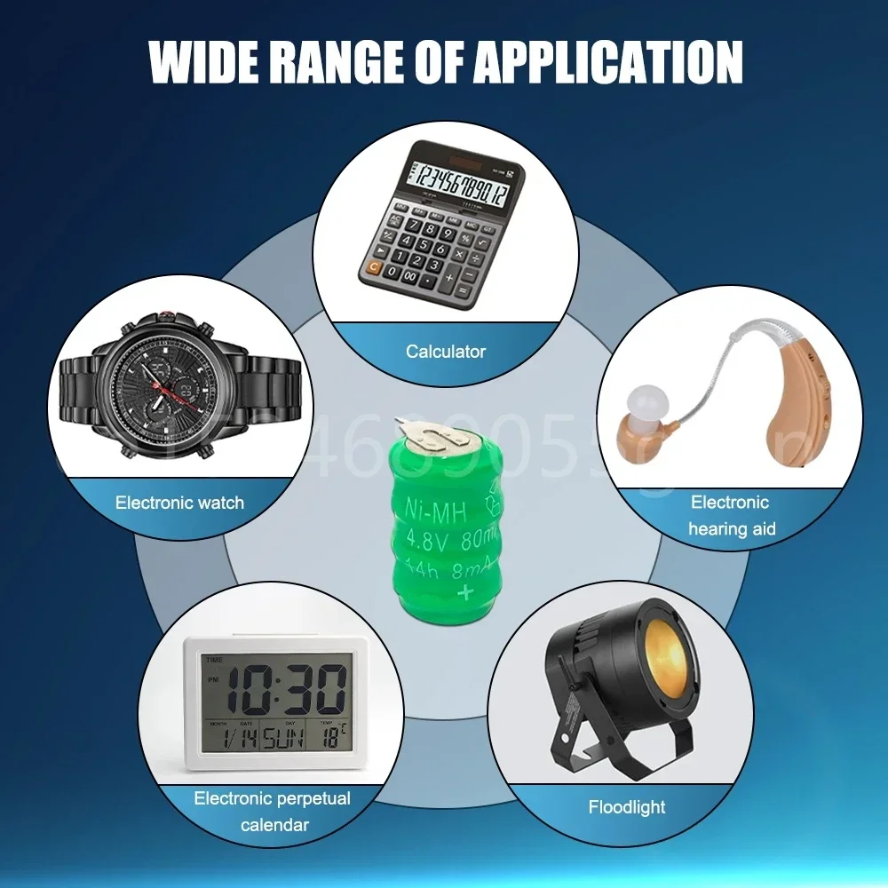 New 4.8V 80mAh Ni-MH Ni MH Rechargeable Battery for Solar Energy PLC Data Backup Power Supply Button Cell with Solder Pins