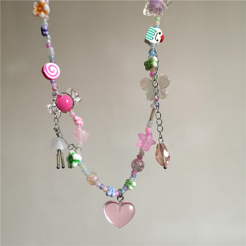 Y2K Pink Acrylic Flower Star Tassel Pendant Beaded Choker Necklace Egirl Heart Chain Aesthetic 2000s Jewelry EMO Accessories