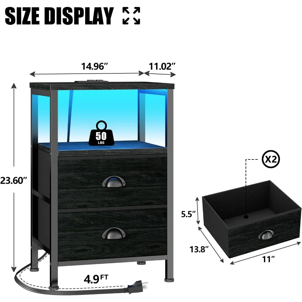 ชุดโต๊ะข้างเตียง 2 ตัว โต๊ะท้ายพร้อมแท่นชาร์จและไฟ LED ขาตั้งกลางคืนพร้อมลิ้นชักผ้า 2 ลิ้นชัก ชุดโต๊ะข้างเตียง 2 ชิ้น
