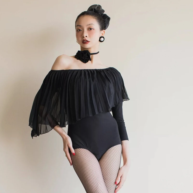 Sexy Off-Shoulder Latin Dance Bodysuit Women Black Ruffled Sleeves Latin Top Adults Ballroom Dance Costume Training Wear SL11760