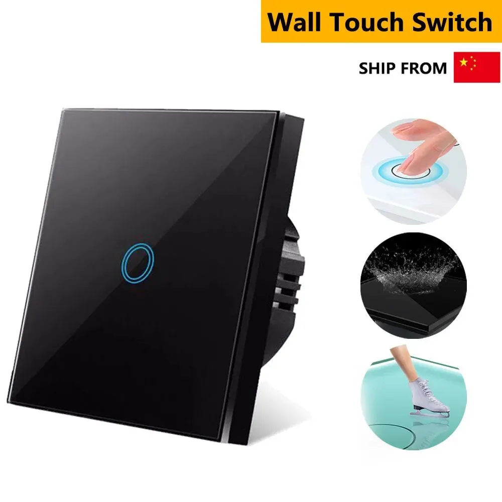 EU Touch Switch AC100 240V Tempered Black White Crystal Glass Panel Power Wall Light Sensor Switches