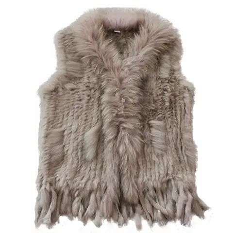 Harppihop womens natural real rabbit fur vest with raccoon fur collar waistcoat/jackets rex rabbit knitted winte