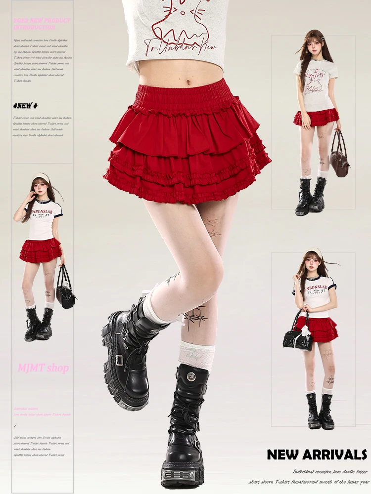Sweet Style Puffy Cake Skirt Short Women's Summer High Waist Slim A-Line Half-length Bounce Back in 2026 Fashionable Polyeste...