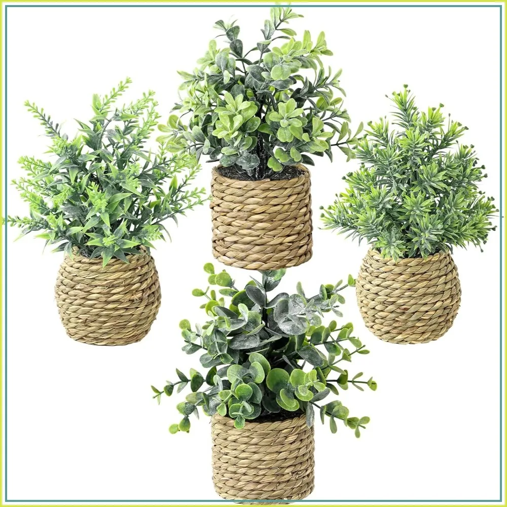 

9 Inches Artificial Eucalyptus Plant in Seagrass Planter, Fake Potted Plant for Home Office Shelf Desk Decor