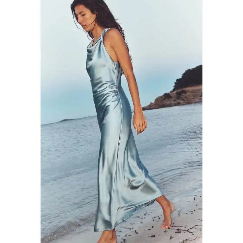 ZBZR Wiosenna Nowa Moda Dopasowana Spódnica Midi z Jedwabnej Satyny o Teksturze Dr Ele Sle Svel w Kształcie Litery A dla Kobiet Ci Commute