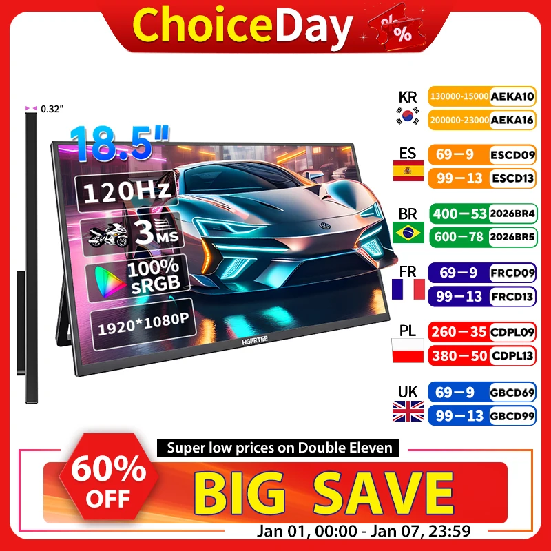 

HGFRTEE 18,5-дюймовый портативный монитор, 100% sRGB, 100 Гц, расширенный дисплей для портативных ПК, PS5, переключатель для iPhone с отверстием VESA и задним кронштейном