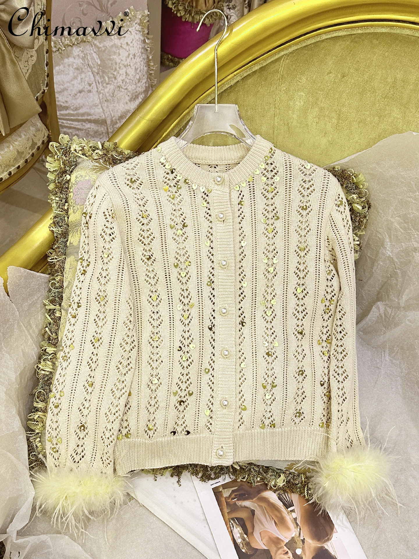 

Autumn and Winter New Fashion Long Sleeve Knitted Sweater Heavy Beading Short Feather Splicing Fairy Long Sleeve Cardigan Top