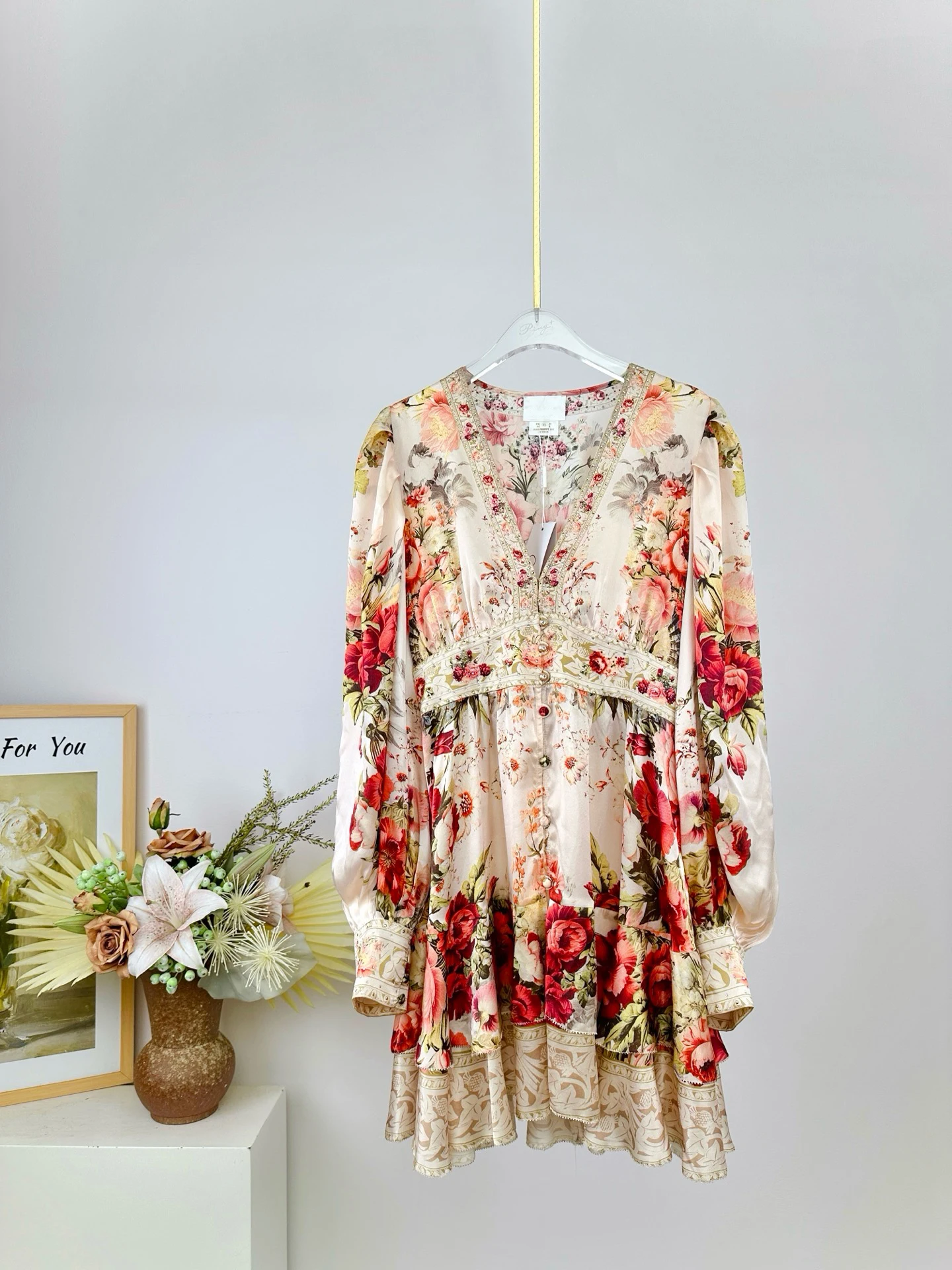 

100% Real Silk Women Retro Rose Floral Print Mini Dress V Neck Lace Trim Long Sleeve Wedding Guest Party Elegant Dress Luxury