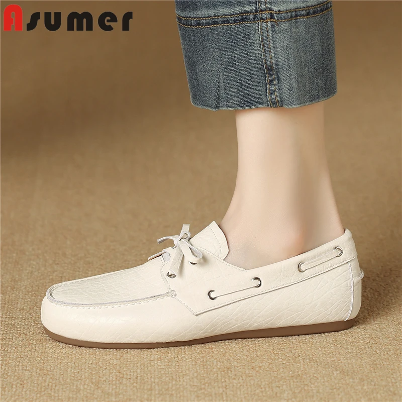 

Модные женские туфли на плоской подошве из натуральной кожи ASUMER, повседневная обувь на шнуровке, серо-коричневые женские лоферы ручной работы, размер 35-43