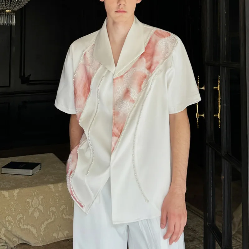 WVGA New Men Summer Tide High-end Three-dimensional Beaded Design Trendy Short Sleeve Shirts Niche Chic Casual Satin Tops W17978