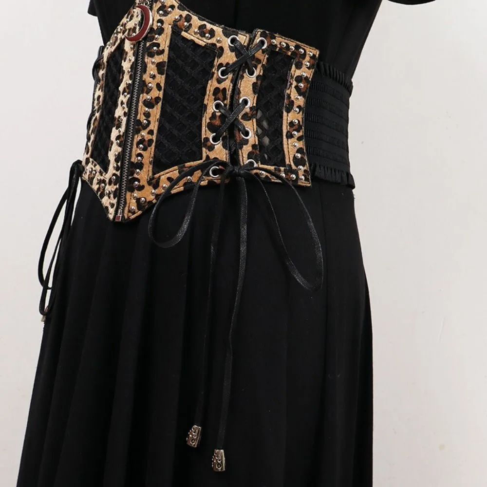 أزياء بو الجلود حزام الخصر زينة عارضة ليوبارد طباعة Cummerbund النمط الكلاسيكي الرجعية واسعة حزام خصر النساء