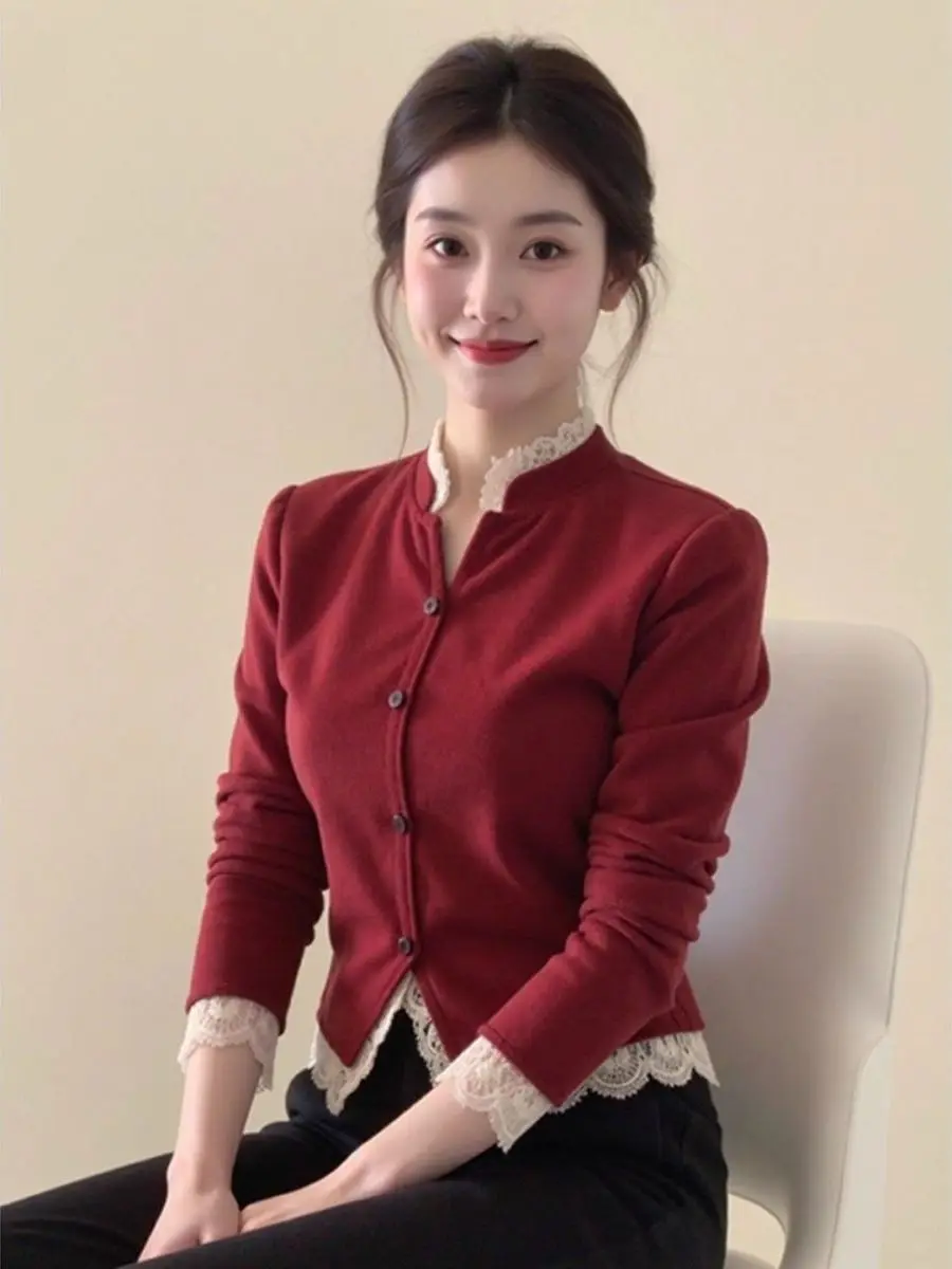 

plus Size Chinese Sle Lace Trimmed Red Outerwear Women's Early Spring Slimming Inner Wear Ele Coat for Plump MM