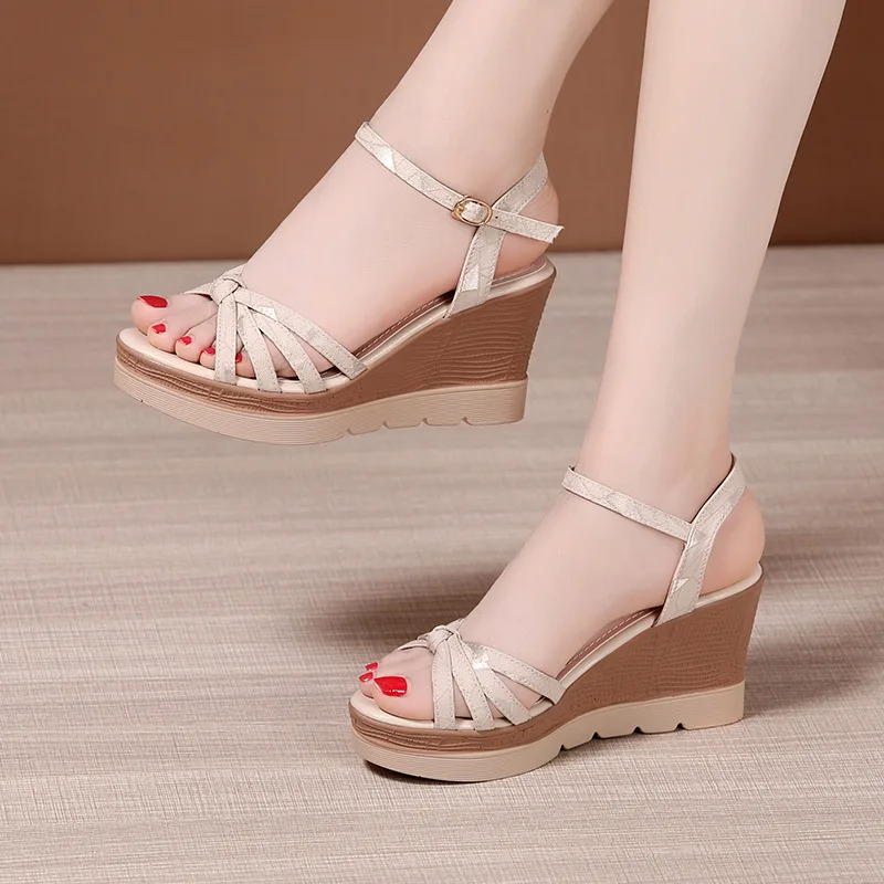 High quality wedge sandals for women 8cm high heel new 2024 summer size 32 33 42 43 platform open toe elegant shoe black beige