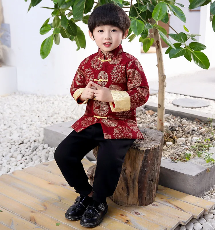 Spring Costumes Chinese New Year Clothes for Kids Baby Boys Tang Suit Clothes Coat Red-Crowned Printing Retro Tops and Pants Set