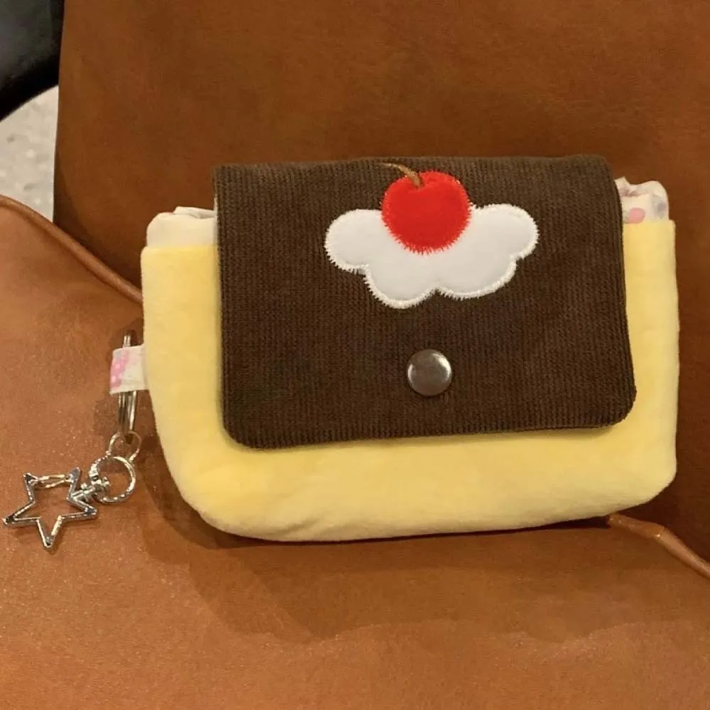 Cherry Pudding Design Coin Purse Soft Velvet Corduroy Texture Mini Pouch Wallet Compact Dimension Contrast Color Stitching