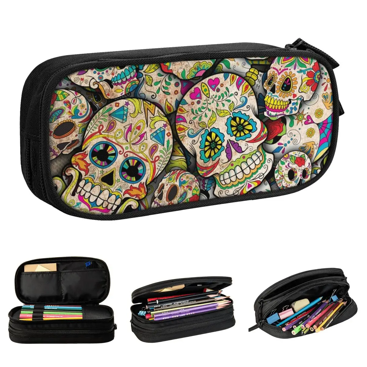 Sugar Skull Collage Pencil Cases Horror Scary Pencilcases Pen Holder for Girl Boy Big Capacity Bag School Supplies Stationery