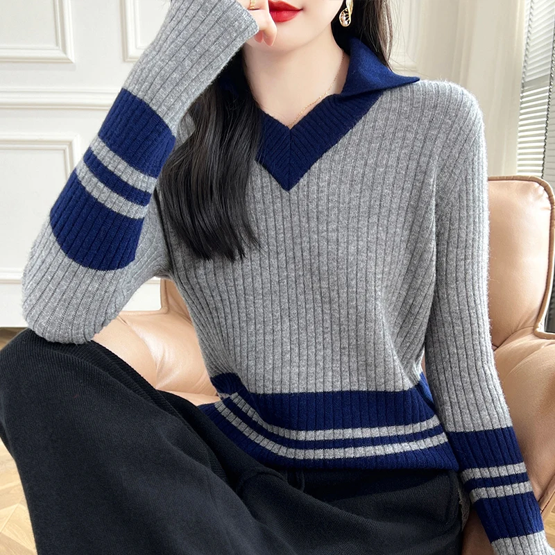 Autumn Winter New Cashmere Sweater 100% Wool Clothing Tops Women V-Neck Knit Pullover Korean Slim fit Long Sleeved Lapel Sweater