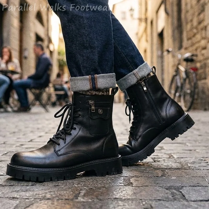 Men Chunky Platform Combat Boots Thick Lug Sole Lace Up Side Zipper Gothic Punk Motorcycle Military Tactical Streetwear Booties